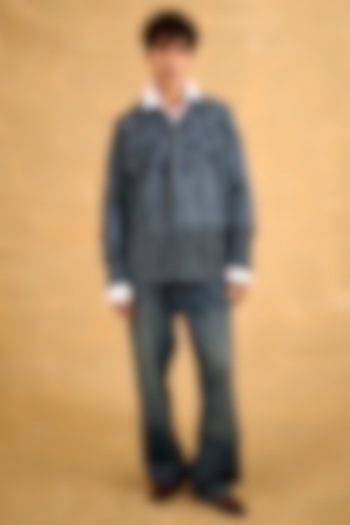 Blue Blended Cotton Hand Screen Printed & Floral Applique Shacket by The Culture at Pernia's Pop Up Shop