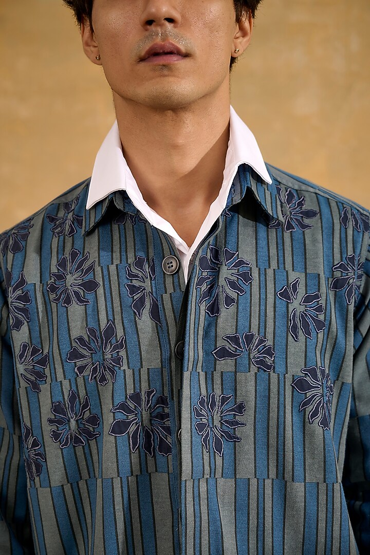 Blue Blended Cotton Hand Screen Printed & Floral Applique Shacket by The Culture at Pernia's Pop Up Shop