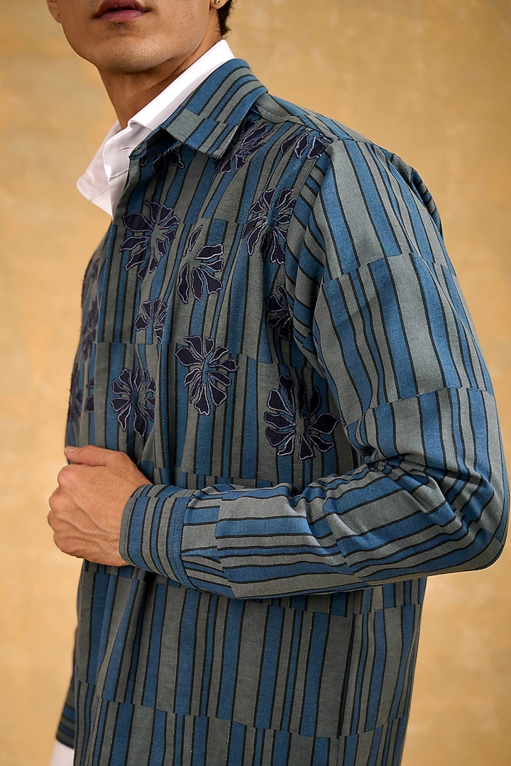 Blue Blended Cotton Hand Screen Printed & Floral Applique Shacket by The Culture at Pernia's Pop Up Shop