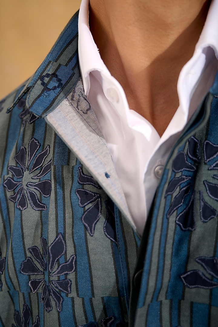 Blue Blended Cotton Hand Screen Printed & Floral Applique Shacket by The Culture at Pernia's Pop Up Shop