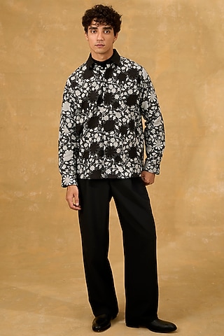 Black Blended Cotton Hand Screen Printed & Applique Shacket by The Culture