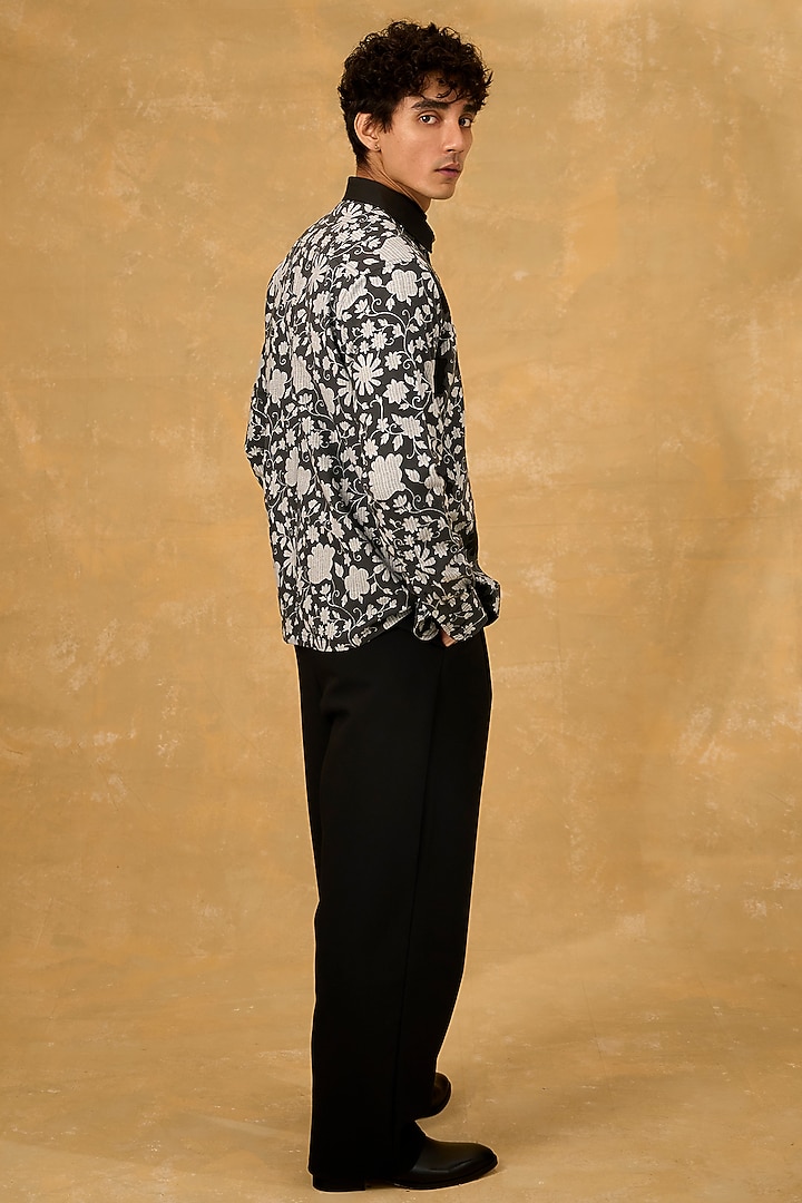 Black Blended Cotton Hand Screen Printed & Applique Shacket by The Culture at Pernia's Pop Up Shop