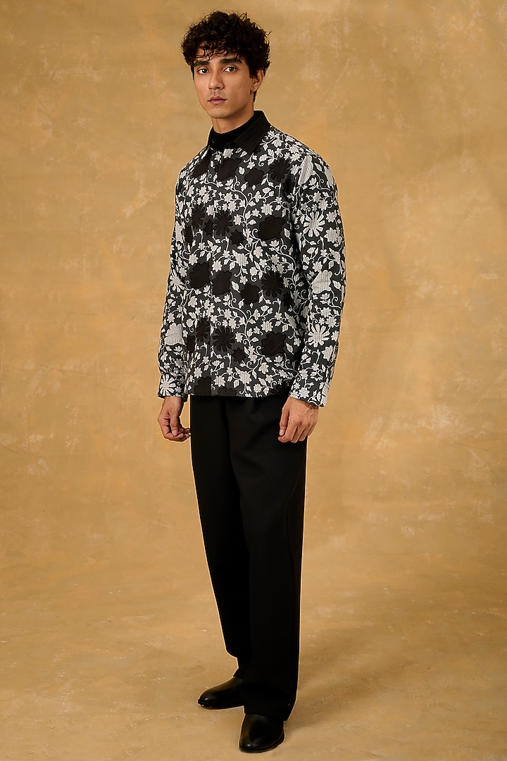 Black Blended Cotton Hand Screen Printed & Applique Shacket by The Culture at Pernia's Pop Up Shop