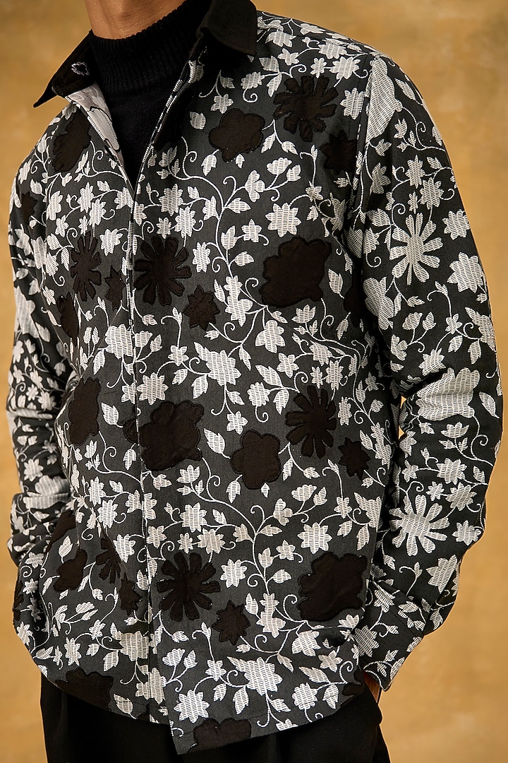 Black Blended Cotton Hand Screen Printed & Applique Shacket by The Culture at Pernia's Pop Up Shop