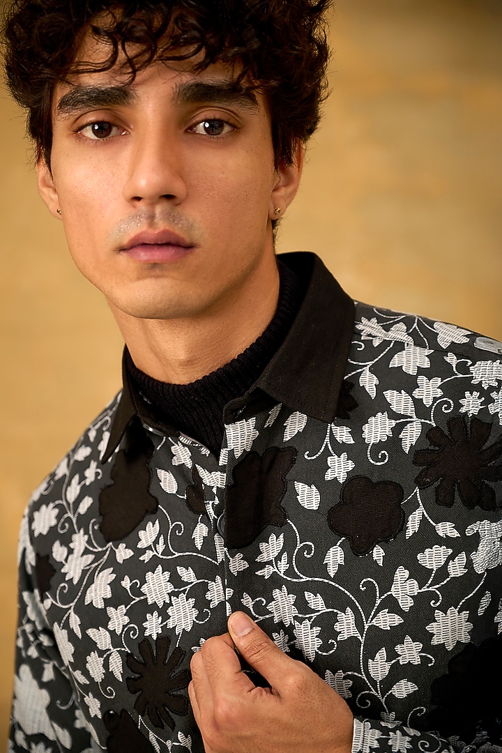 Black Blended Cotton Hand Screen Printed & Applique Shacket by The Culture at Pernia's Pop Up Shop