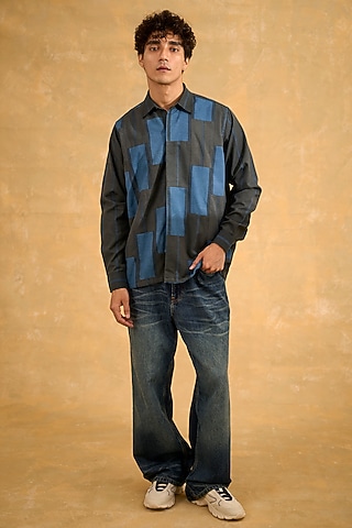 Blue & Grey Blended Cotton Handscreen Printed Shacket by The Culture