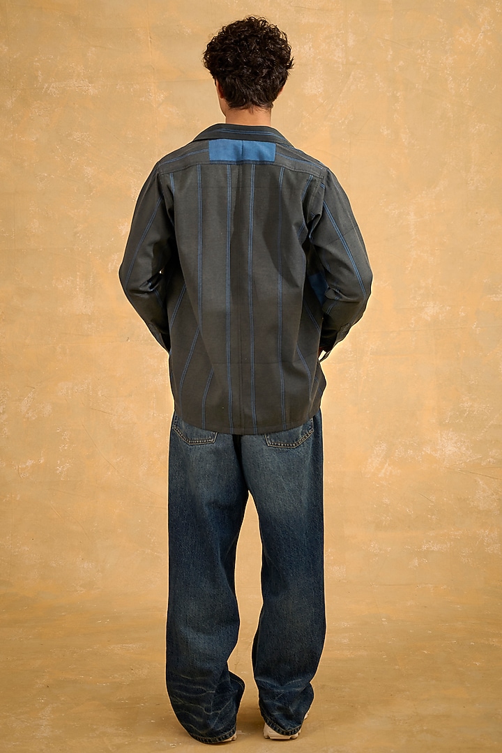 Blue & Grey Blended Cotton Handscreen Printed Shacket by The Culture at Pernia's Pop Up Shop