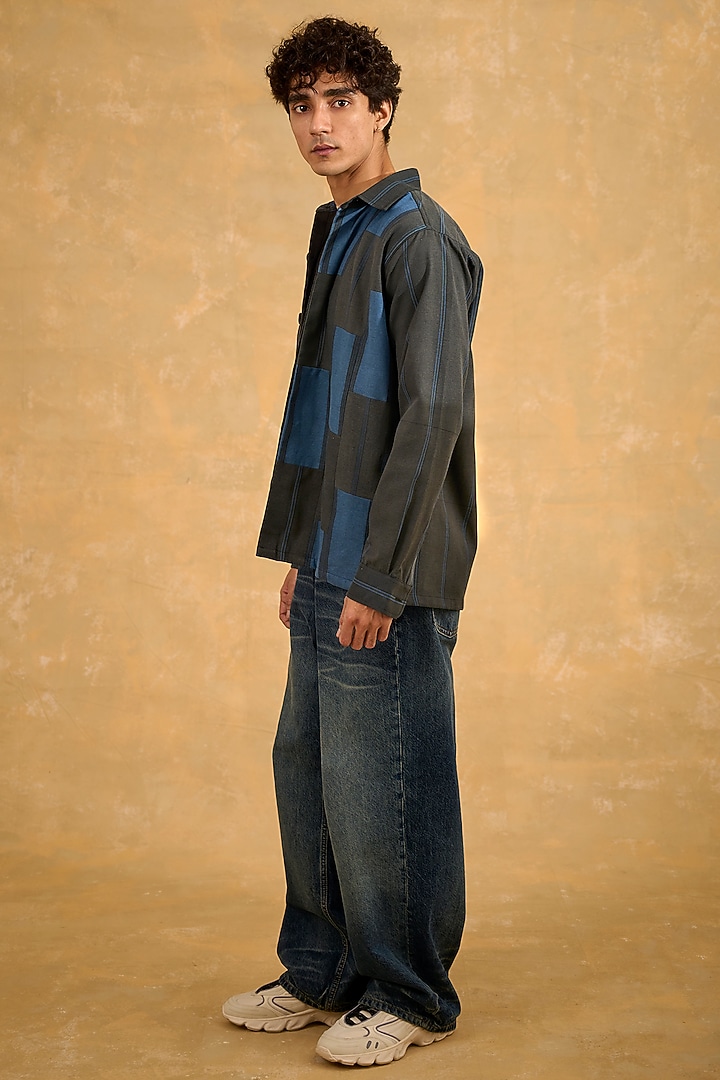 Blue & Grey Blended Cotton Handscreen Printed Shacket by The Culture at Pernia's Pop Up Shop