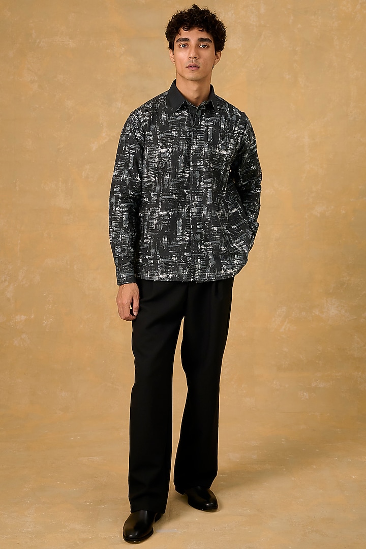 Black Blended Cotton Handscreen Printed Shacket by The Culture at Pernia's Pop Up Shop