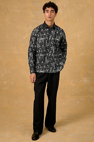 Black Blended Cotton Handscreen Printed Shacket by The Culture