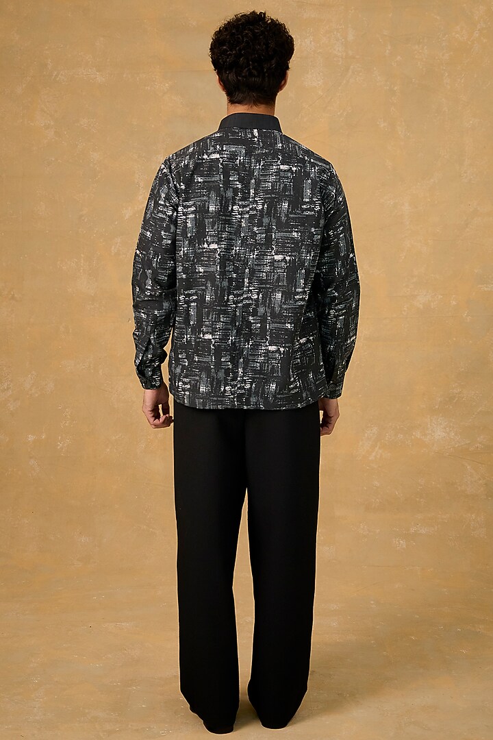 Black Blended Cotton Handscreen Printed Shacket by The Culture at Pernia's Pop Up Shop