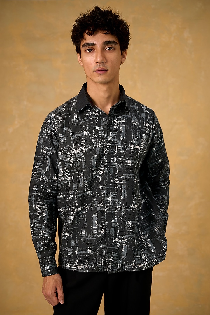 Black Blended Cotton Handscreen Printed Shacket by The Culture at Pernia's Pop Up Shop