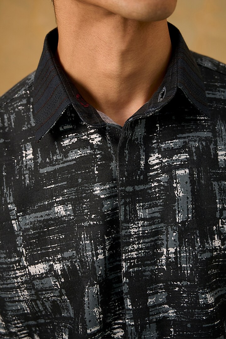 Black Blended Cotton Handscreen Printed Shacket by The Culture at Pernia's Pop Up Shop