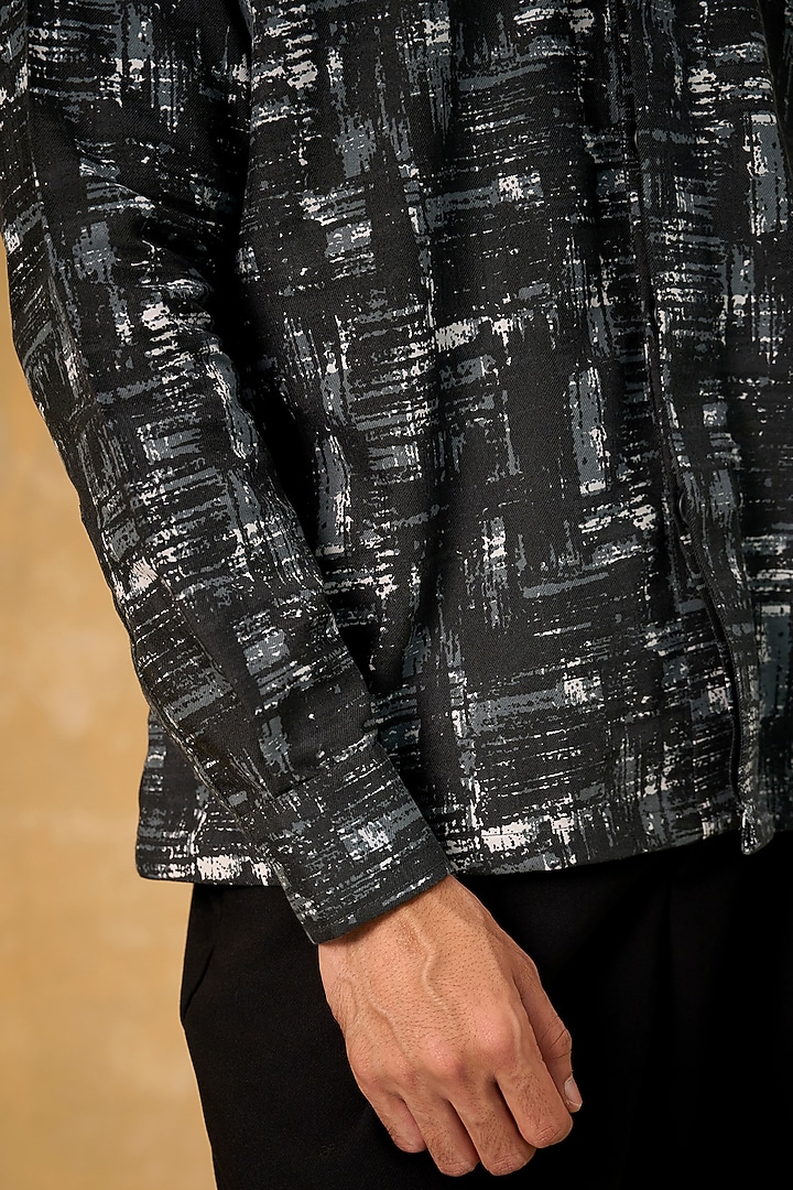 Black Blended Cotton Handscreen Printed Shacket by The Culture at Pernia's Pop Up Shop