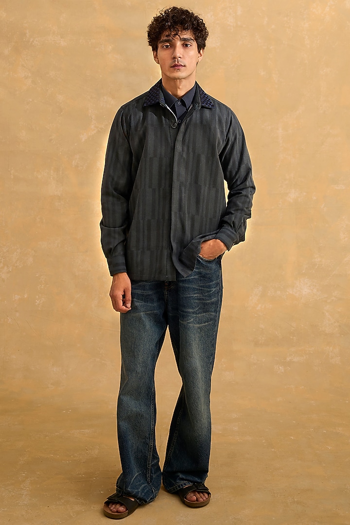 Grey Blended Cotton Handscreen Printed Shacket by The Culture at Pernia's Pop Up Shop