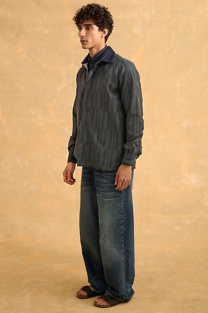 Grey Blended Cotton Handscreen Printed Shacket by The Culture at Pernia's Pop Up Shop