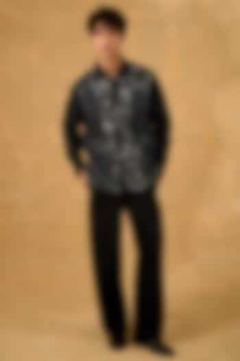 Black Blended Cotton Abstract Patchwork Shacket by The Culture at Pernia's Pop Up Shop