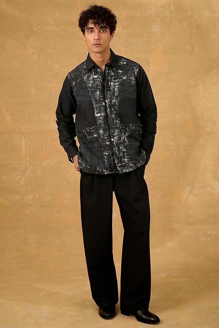 Black Blended Cotton Abstract Patchwork Shacket by The Culture at Pernia's Pop Up Shop