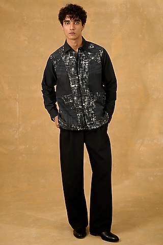 Black Blended Cotton Abstract Patchwork Shacket by The Culture