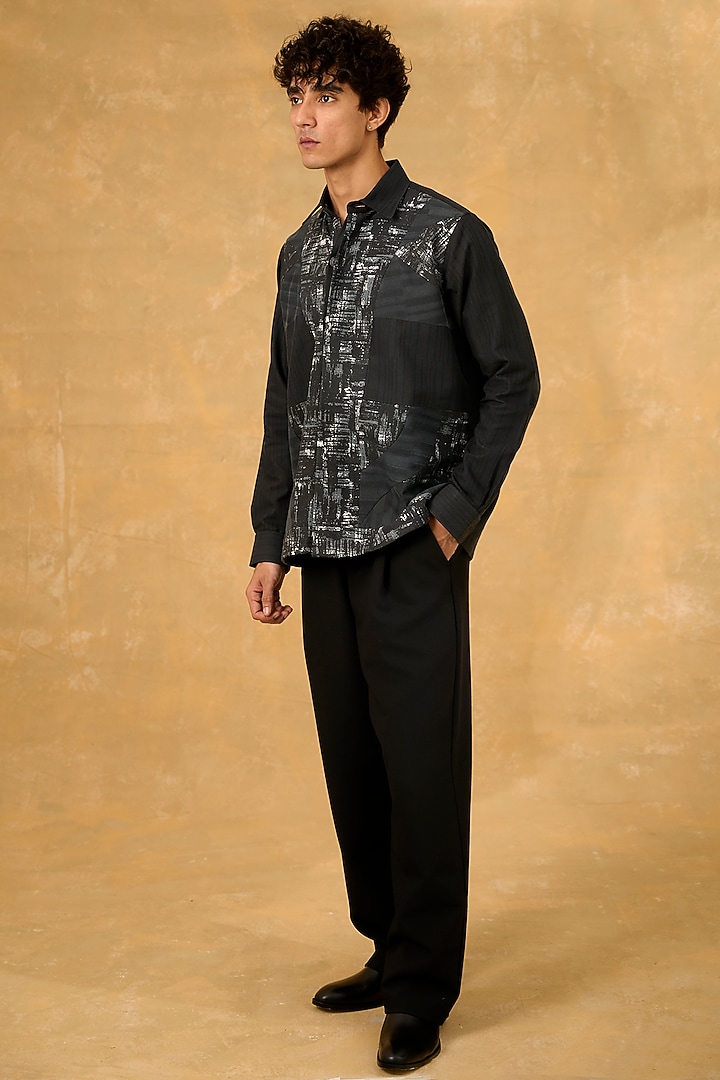 Black Blended Cotton Abstract Patchwork Shacket by The Culture at Pernia's Pop Up Shop