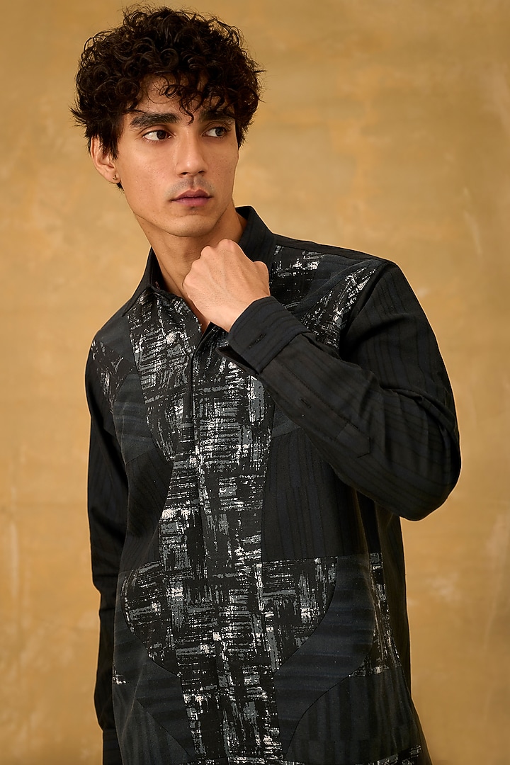 Black Blended Cotton Abstract Patchwork Shacket by The Culture at Pernia's Pop Up Shop