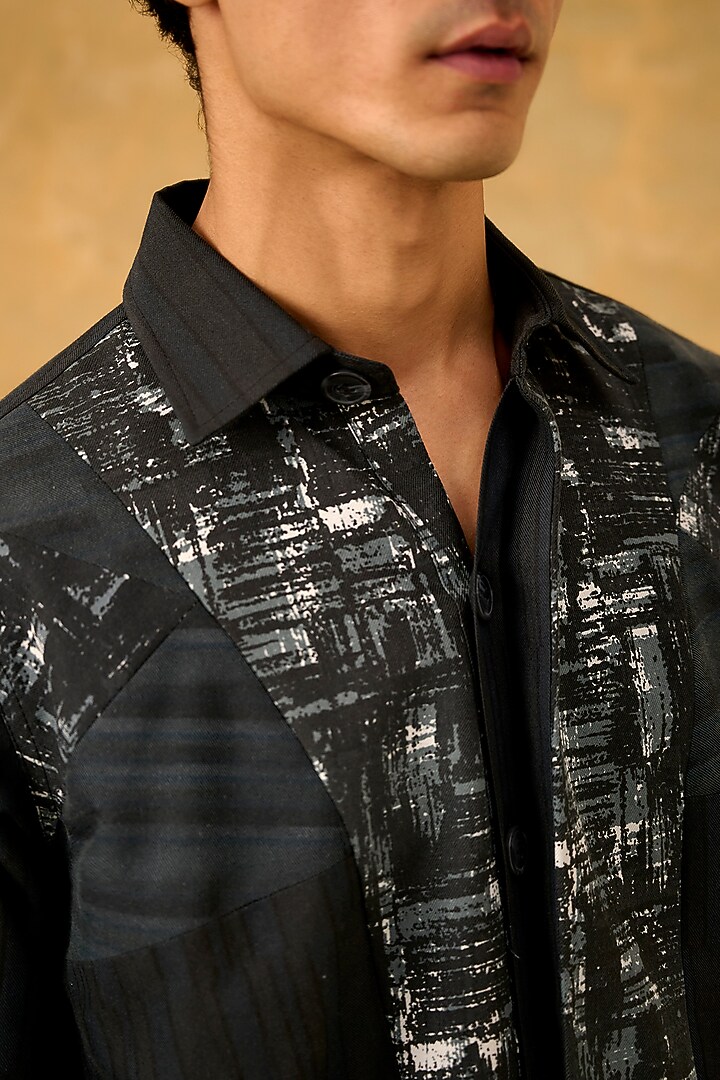 Black Blended Cotton Abstract Patchwork Shacket by The Culture at Pernia's Pop Up Shop