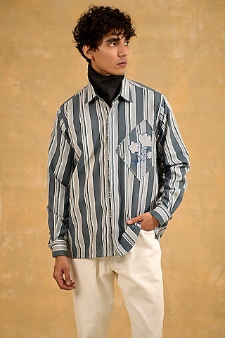Grey Blended Cotton Handscreen Printed Shacket by The Culture