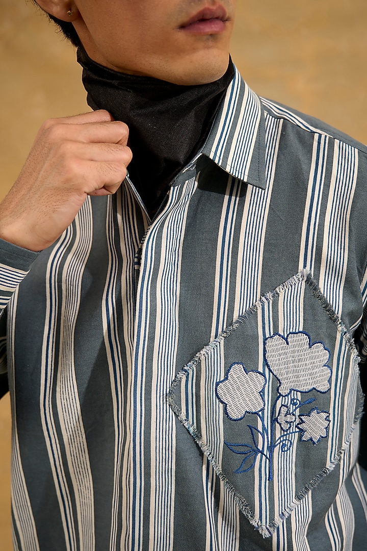 Grey Blended Cotton Handscreen Printed Shacket by The Culture at Pernia's Pop Up Shop