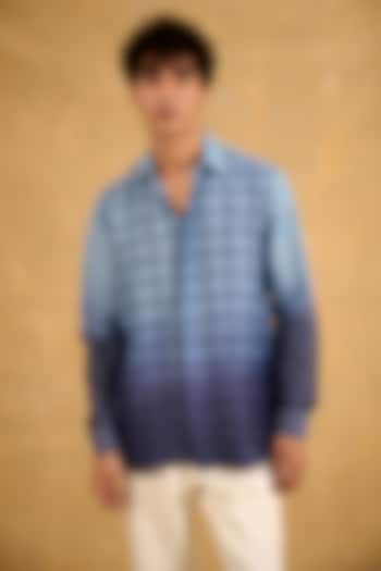 Blue Pure Silk Hand Block Printed Shade-Dyed Party Wear Shirt by The Culture at Pernia's Pop Up Shop