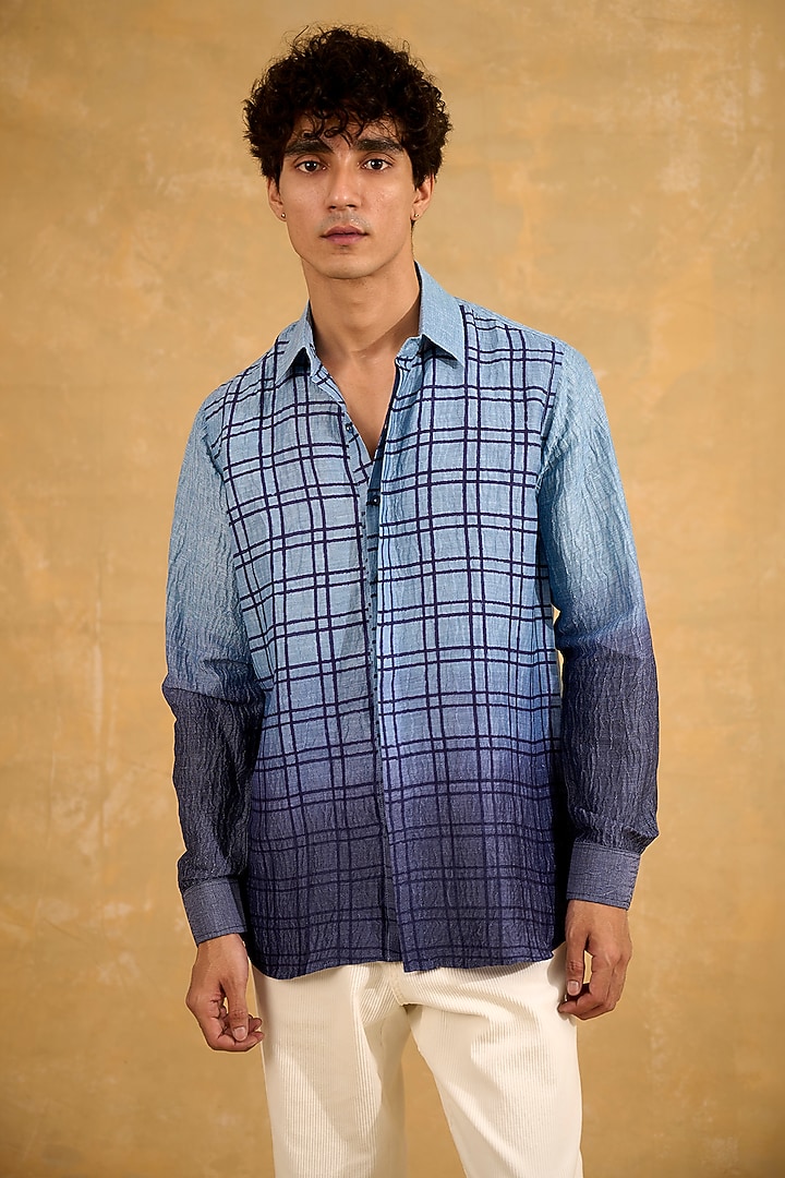 Blue Pure Silk Hand Block Printed Shade-Dyed Party Wear Shirt by The Culture at Pernia's Pop Up Shop