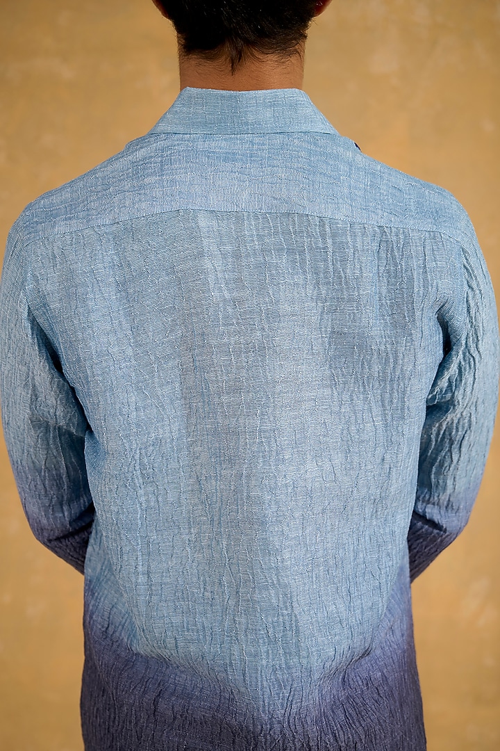 Blue Pure Silk Hand Block Printed Shade-Dyed Party Wear Shirt by The Culture at Pernia's Pop Up Shop