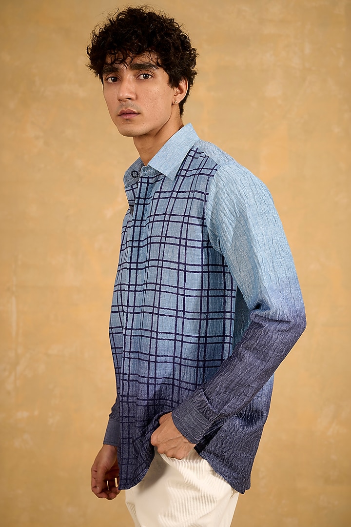 Blue Pure Silk Hand Block Printed Shade-Dyed Party Wear Shirt by The Culture at Pernia's Pop Up Shop