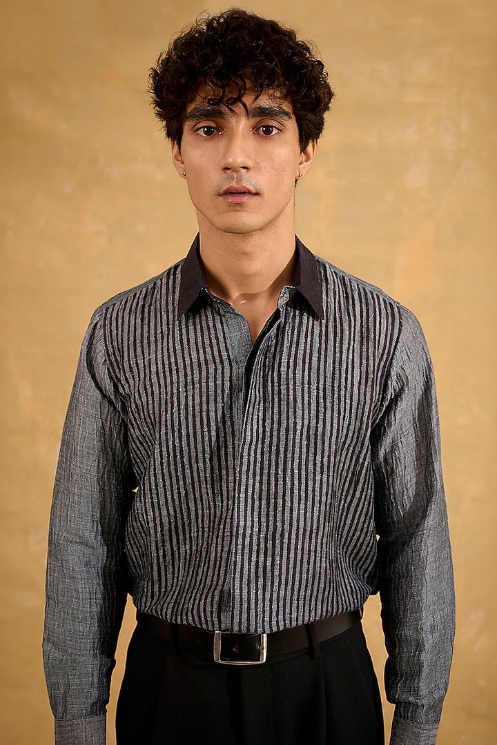 Charcoal Pure Silk Hand Block Printed Party Wear Shirt by The Culture at Pernia's Pop Up Shop