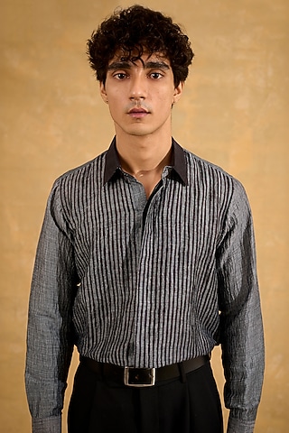 Charcoal Pure Silk Hand Block Printed Shirt by The Culture
