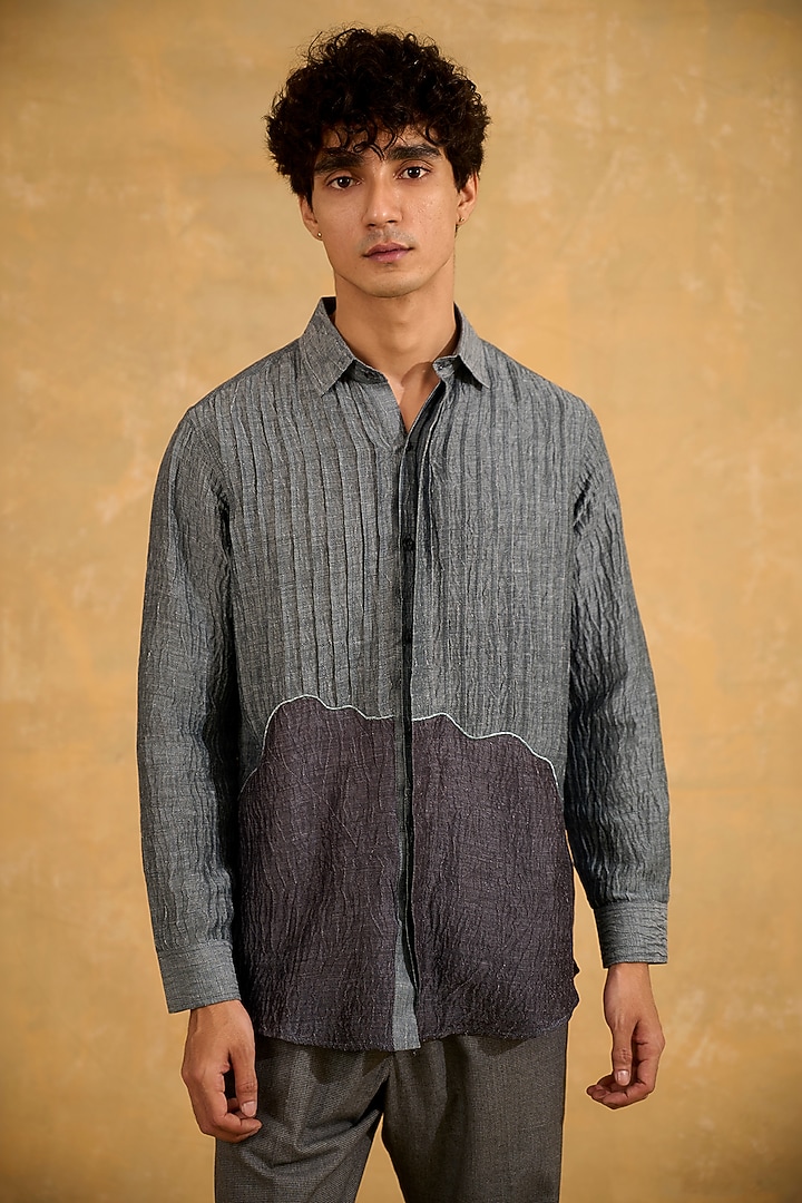 Grey Pure Silk Patchwork Party Wear Shirt by The Culture at Pernia's Pop Up Shop