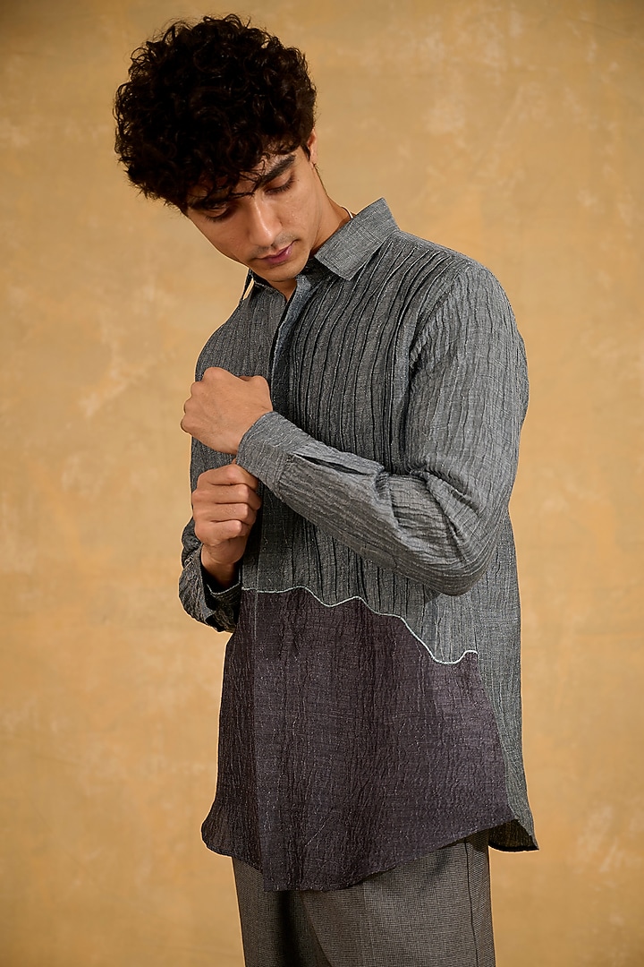 Grey Pure Silk Patchwork Party Wear Shirt by The Culture at Pernia's Pop Up Shop