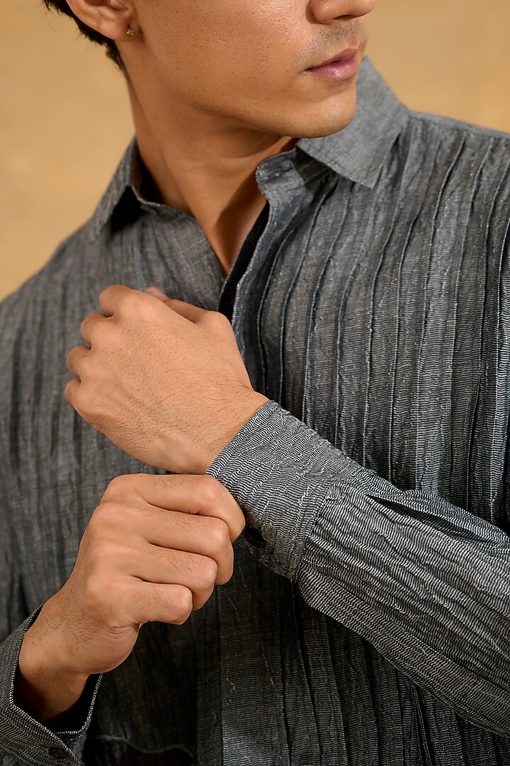 Grey Pure Silk Patchwork Party Wear Shirt by The Culture at Pernia's Pop Up Shop