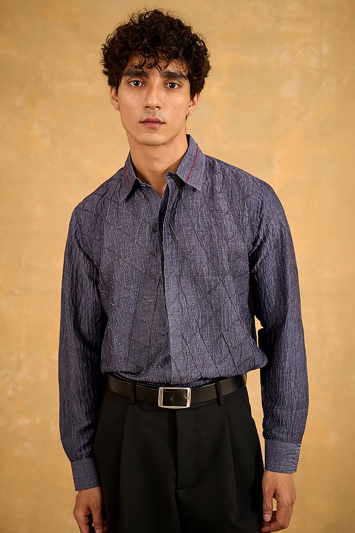 Blue Pure Silk Hand Embroidered Party Wear Shirt by The Culture at Pernia's Pop Up Shop