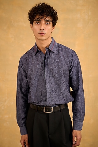 Blue Pure Silk Hand Embroidered Shirt by The Culture