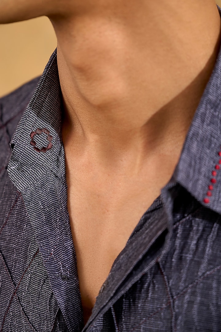 Blue Pure Silk Hand Embroidered Party Wear Shirt by The Culture at Pernia's Pop Up Shop