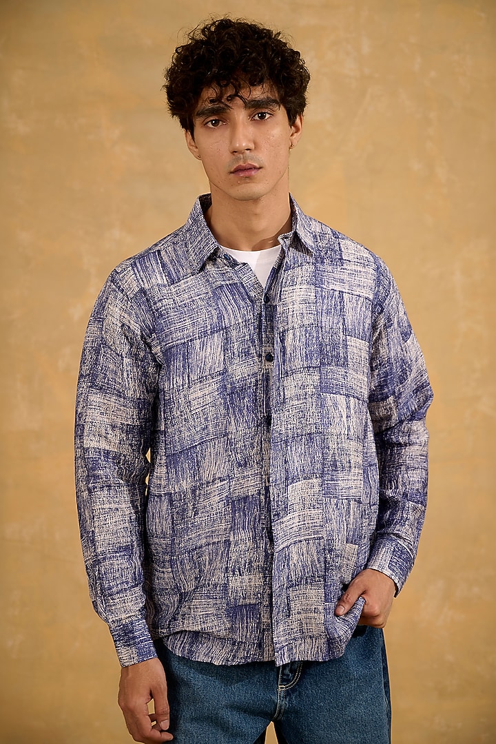 Blue Pure Silk Hand Block Printed Party Wear Shirt by The Culture at Pernia's Pop Up Shop