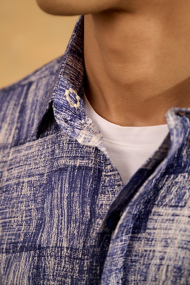 Blue Pure Silk Hand Block Printed Party Wear Shirt by The Culture at Pernia's Pop Up Shop