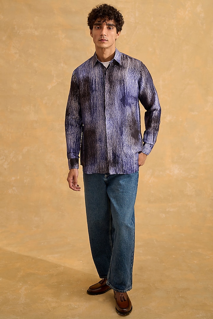 Blue & Black Pure Silk Hand-Shade Dyed Textured Party Wear Shirt by The Culture at Pernia's Pop Up Shop