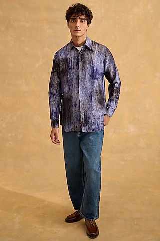 Blue & Black Pure Silk Hand-Shade Dyed Textured Shirt by The Culture