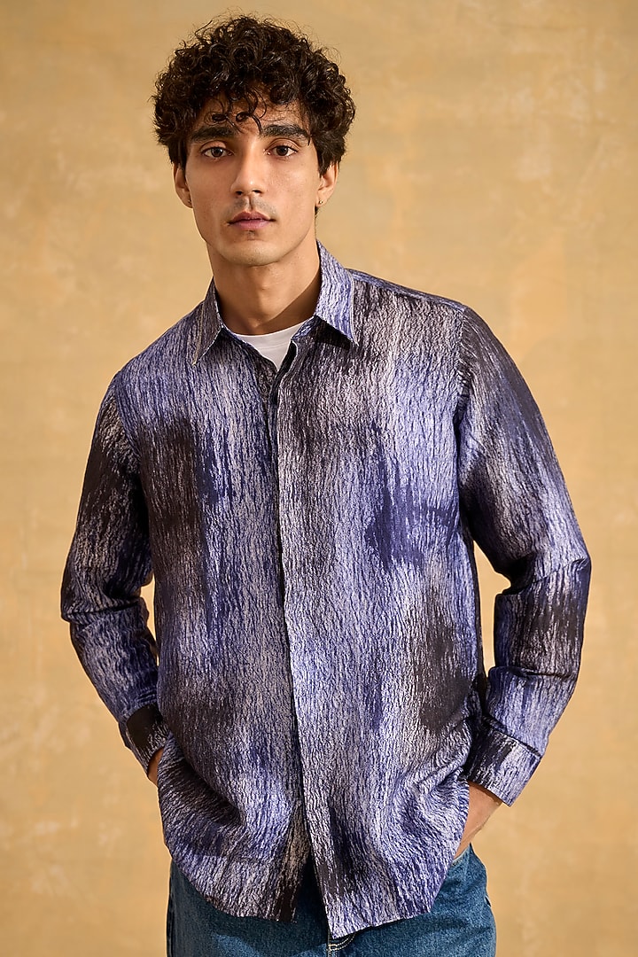 Blue & Black Pure Silk Hand-Shade Dyed Textured Party Wear Shirt by The Culture at Pernia's Pop Up Shop