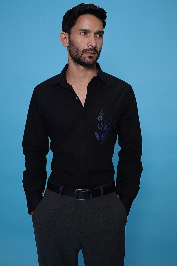 Black Egyptian Giza Cotton Applique Embroidered Summer Shirt by The Culture at Pernia's Pop Up Shop