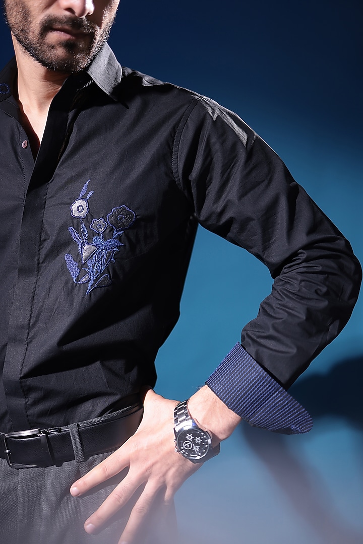 Black Egyptian Giza Cotton Applique Embroidered Summer Shirt by The Culture at Pernia's Pop Up Shop