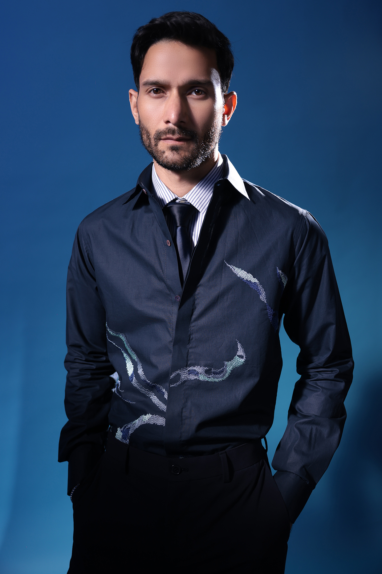 Blue Egyptian Giza Cotton Abstract Embroidered Shirt by The Culture