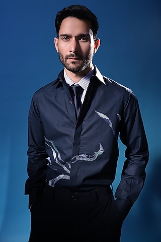Blue Egyptian Giza Cotton Abstract Embroidered Shirt by The Culture