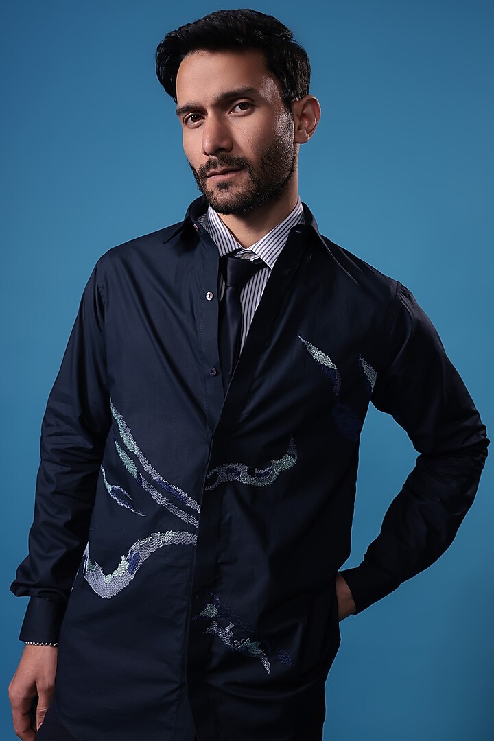 Blue Egyptian Giza Cotton Abstract Embroidered Summer Shirt by The Culture at Pernia's Pop Up Shop